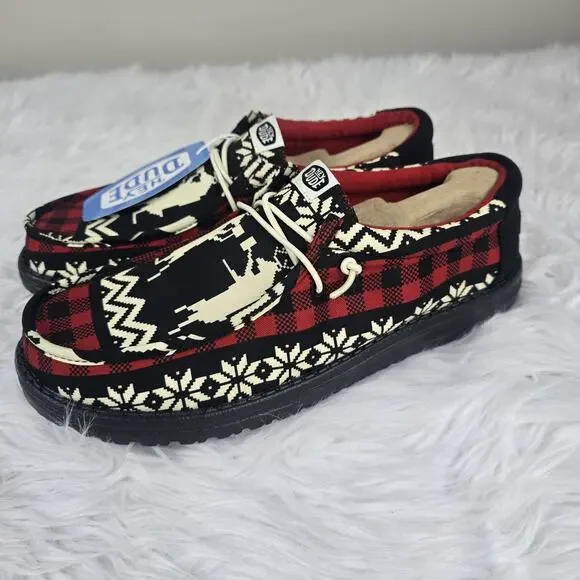 Hey Dude Wally Holiday Cheers Men's Size 9 Black Red Shoes Christmas Dudes